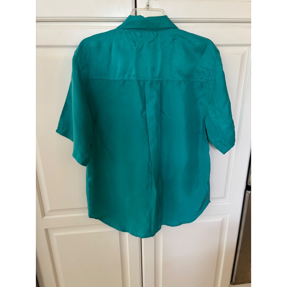 Christie & Jill Vintage 100% Silk Short Sleeve Blouse Teal Green Button Down M - Picture 4 of 5